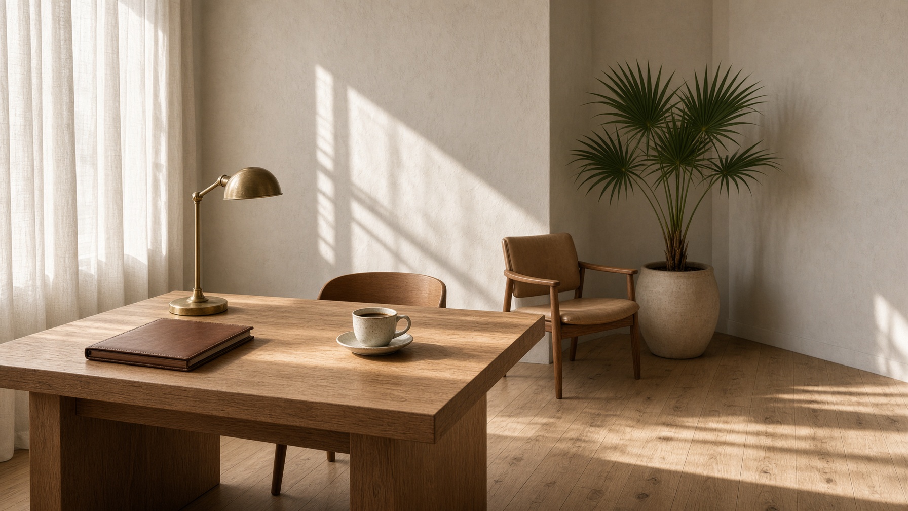 Sunlit study with an oak desk, linen curtains, and a palmetto in the corner.